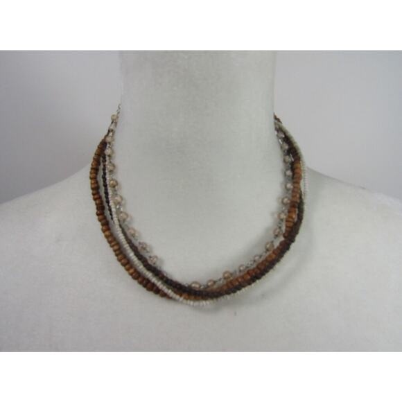 Brown & Cream Bead 4 Tier Collar Necklace 18" Rave Round Oval Boho Cottagecore - Picture 1 of 5